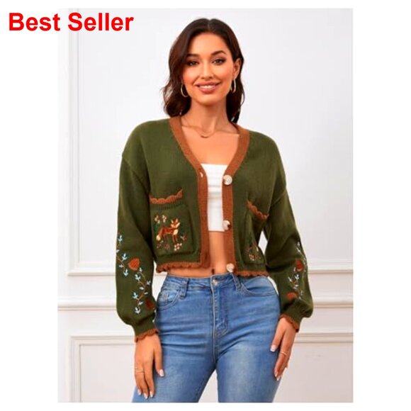 Floral Embroidered Cropped Cardigan Open Front Western Sweater Boho Cottagecore - Picture 5 of 7